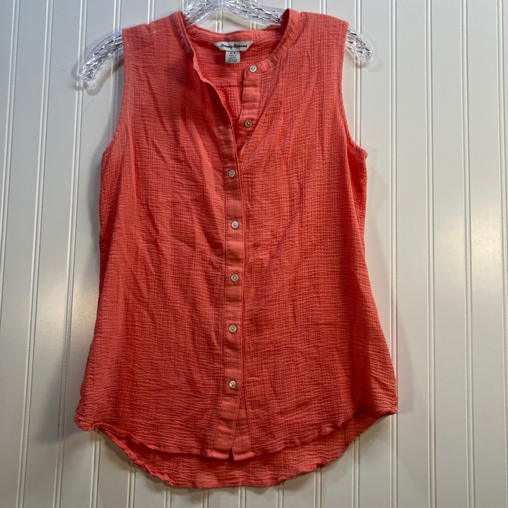 Tommy‎ Bahama Womens Coral Pink Cotton Gauze Sleeveless Button Up Top S Coastal